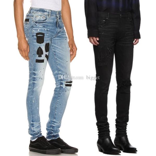 

men's fashion multi embroidery patch washed holes ripped biker jeans slim stretch denim pants long trousers, Blue