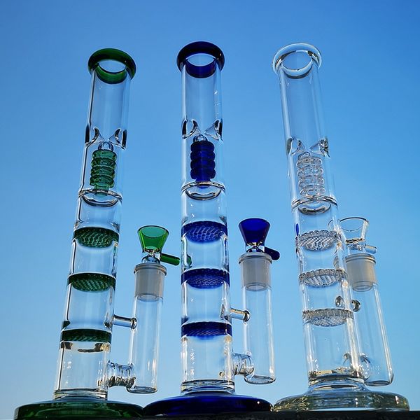 Heady Cam Bongs Nargile Üçlü Tarak Petrol Kuyuları Birdcage Perc Nargile Renkli Bong Dab Rig Büyük Düz Tüp 18mm Kase HR316 ile 12 İnç Yükseklik Su Boruları