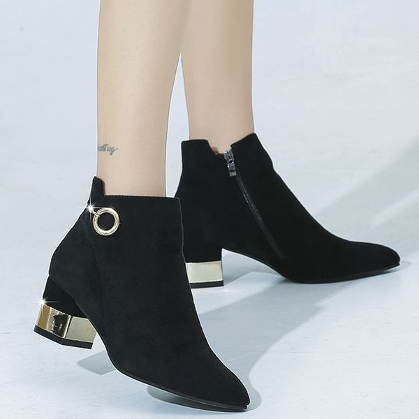 

flock women's boots leisure solid pointed toe zipper square med heel ankle boots for women shoes botas mujer invierno 2019, Black