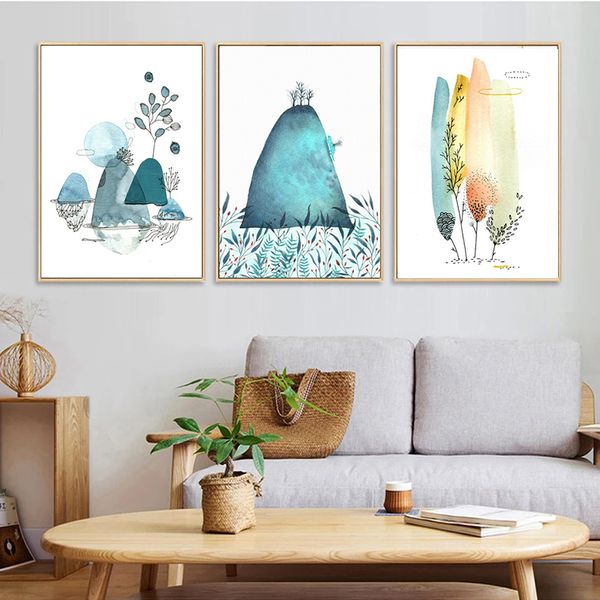 

nordic abstract watercolor hill and tree art canvas painting poster prints modern home decor wall pictures no framed