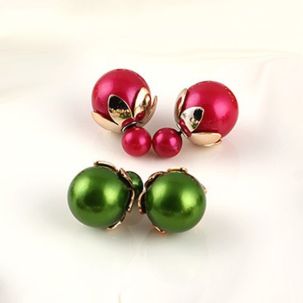 

new arrival double ball earrings romantic green color torus double side pearl earrings for women fancy fine jewelry, Silver