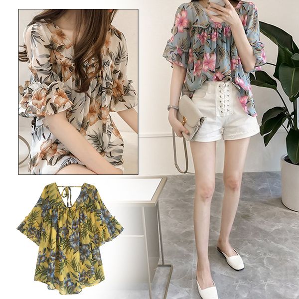 

vessos short sleeves chiffon shirt office female shirt chiffon blouse lightweight stylish lotus sleeve floral one shoulder, White