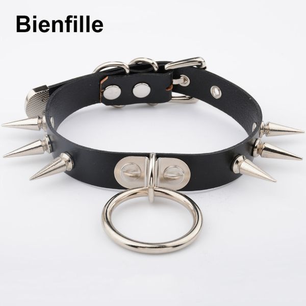

gothic kawaii first layer genuine leather choker silver o round spikes rivet handmade punk spiked collar fetish buckle necklace
