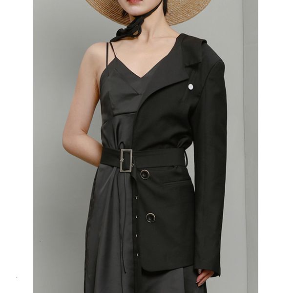 

womengaga []2019 new women clothes v-neck half part one shoulder single sleeve sashes waist adjust with belts jacket j824, Black;white