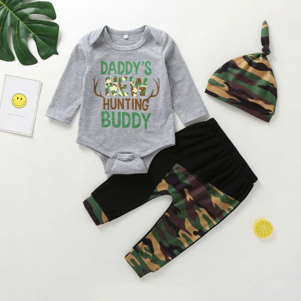 

baby kid boy clothes set 2019 toddler infant newborn autumn long sleeve letter t-shirt camo pants hat clothing outfit 3pcs, White