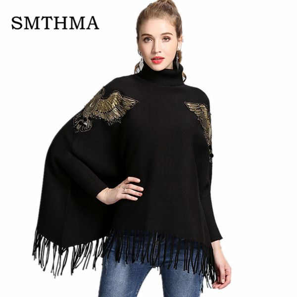 

turtleneck beaded embroidery knitted cloak sweater women casual winter sweaters and pullovers christmas streetwear, Black