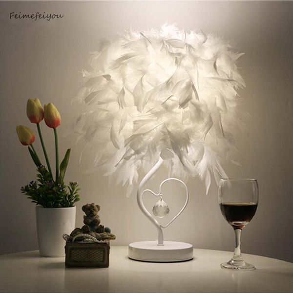 

feimefeiyou bedside reading room sitting room heart shape feather crystal table lamp light with eu plug us uk au plug small size