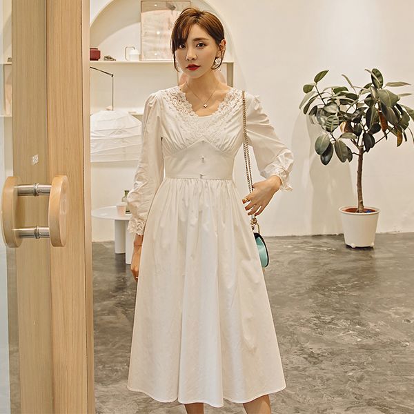 

yigelila autumn new arrivals white dress v-neck with button backless dress lantern sleeves a-line elegant mid-calf 65274, Black;gray