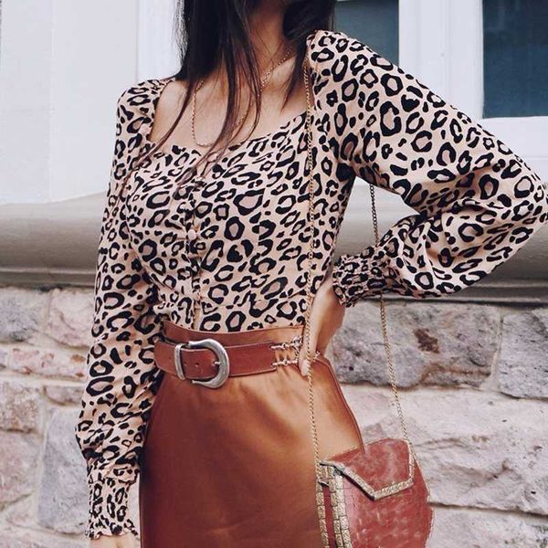 

female fashion leopard print long sleeve short blouse women high street square collar blouses shirts, White