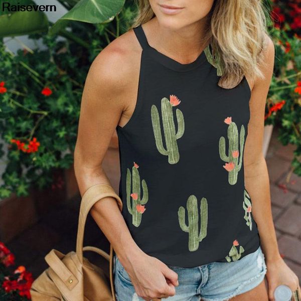 

new sleeveless black white t shirt women cactus linen print tees halter harajuku women tshirt tees female shirts camiseta
