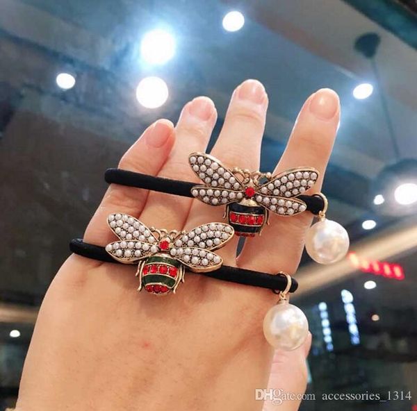 

korea dongdaemun head rope metal pearl diamond bee hair ring pearl pendant zama tail rubber band simple hair rope, Pink