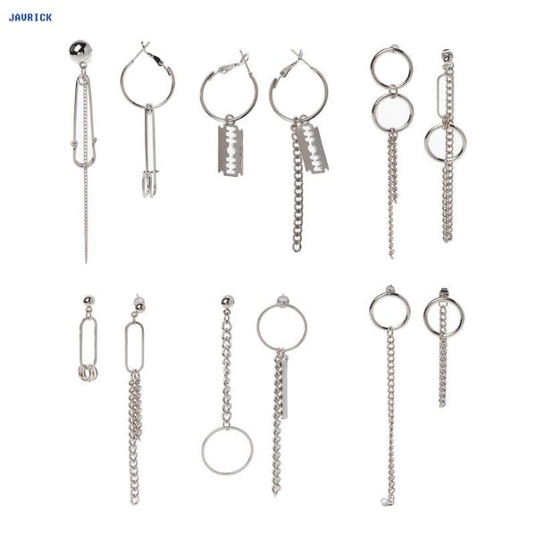 

javrick asymmetric tassel chain safety pin dangle drop earring kpop korean jewelry exquisite earrings, Silver