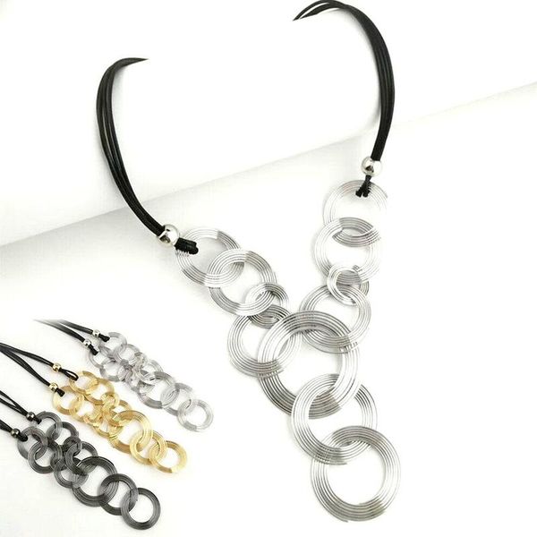 

1pc european jewelry wholesale simple fashion leather rope necklace metal single ring interlocking clavicle chain four colors, Silver