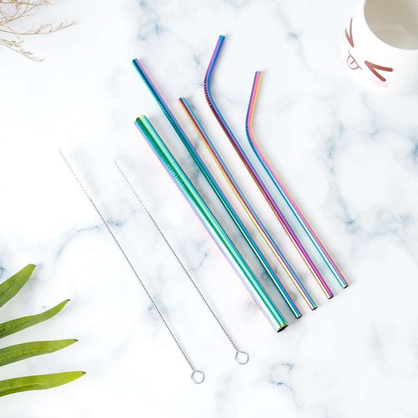 

7pcs reusable metal drinking straws stainless steel sturdy bent straight drinks straw with cleaning brush bar party accessory