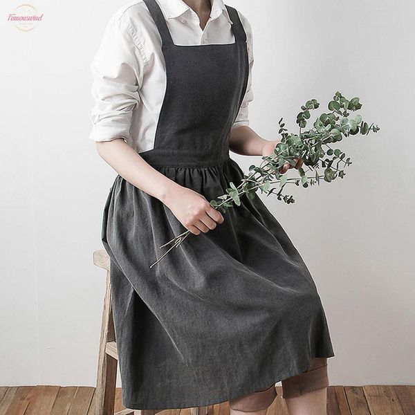 

linen sleeveless home cooking florist cute bib apron pinafore dress women garden work cotton square collar suspender dress, Black;gray
