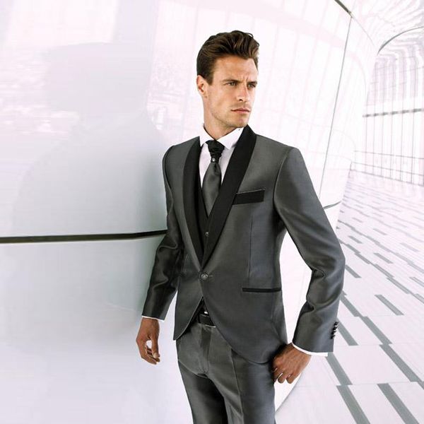

dark grey men suits groom wedding suits tuxedo shawl lapel man blazers costume homme 3piece coat pants vest slim fit terno masculino, Black;gray