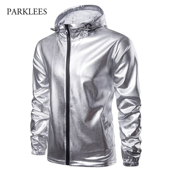 

shiny sliver coated metallic hooded jacket men 2020 dj nightclub stage party jacket coat male hip hop streetwear veste homme 2xl, Black;brown