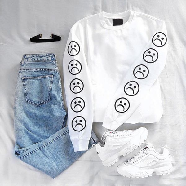

women sweatshirt pullovers long sleeve sad faces emoticon sleeves printed black white sweatshirt blouse casual tracksuit