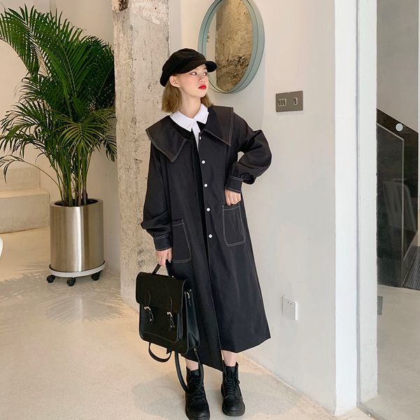 

fall winter new long loose fashion turn-down collar england preppy style full sleeve trench women's clothing pockets coat woman, Tan;black