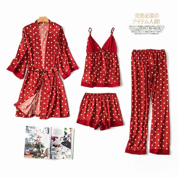 

women's sleepwear pajamas shorts set for womem robes spring women kimono mujer wave point four piece bathrobe conjunto de pijama, Black;red