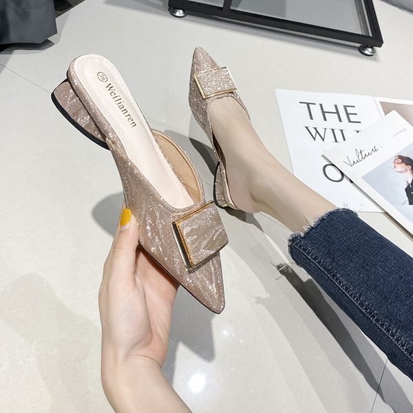 

slippers casual cover toe med shoes woman 2020 slipers women rivet heeled mules square heel new summer pointed heels, Black