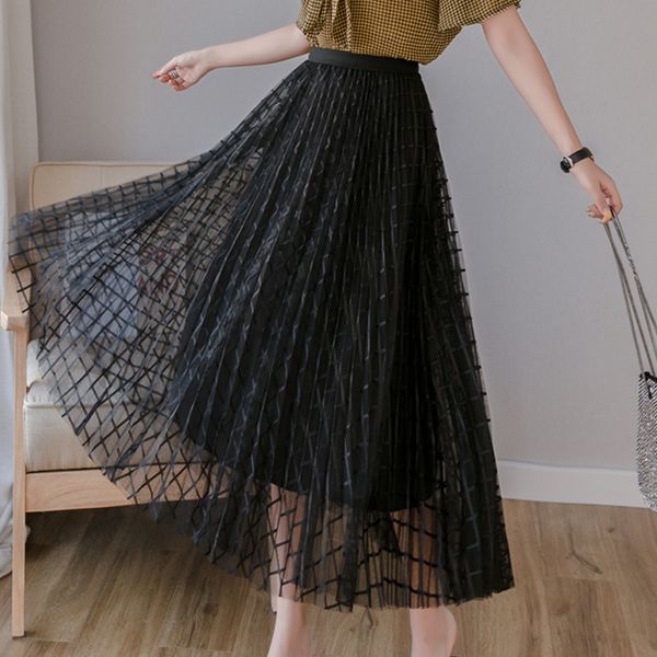 

onlysvter spring summer midi women skirt high waist a line geometric kawaii tulle skirt cute long pleated female 2019, Black