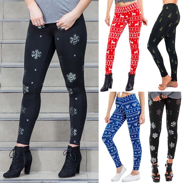 

2020 christmas printed leggings women autumn snowflake stretch skinny leggings mujer casual workout female pants trousers, White;red