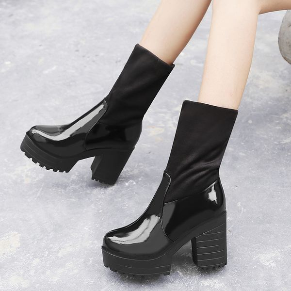 

rimocy patent leather round toe platform boots women fashion square heel high heel booties woman comfort keep warm lady shoes, Black