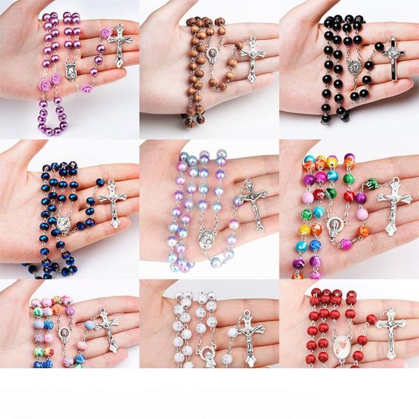 

9 стилей религиозный католический радуга четки ожерелья иисус дева мария крест длинный кулон бусины цепи для женщин мужчин христианские ювел, Silver