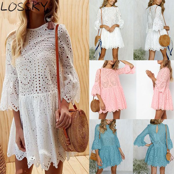 

lossky women lace embroidery dress ruffle sleeve causal white cotton mini dresses hollow out short dress vestidos 2019 new, Black;pink