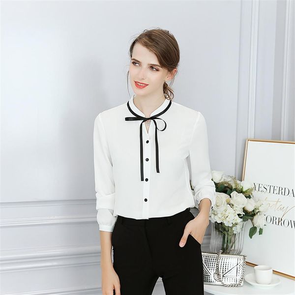 

new summer autumn office ladies blouse fashion long sleeve bow slim white shirt female cute bodycon work blouses