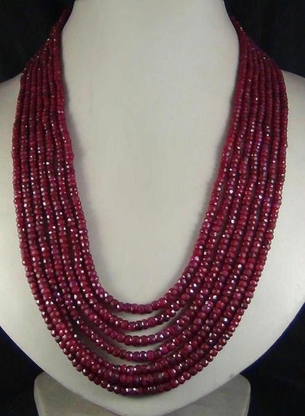 

2x4mm natural ruby faceted beads necklace 7 strand 17-23", Silver
