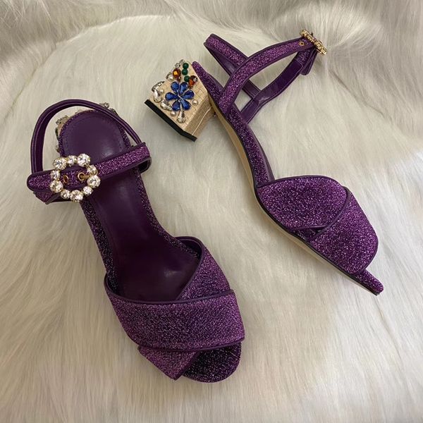 

2020 summer runways rhinestone heels sandals chic women's chunky heels sandals shoes eu35-42 size by819, Black