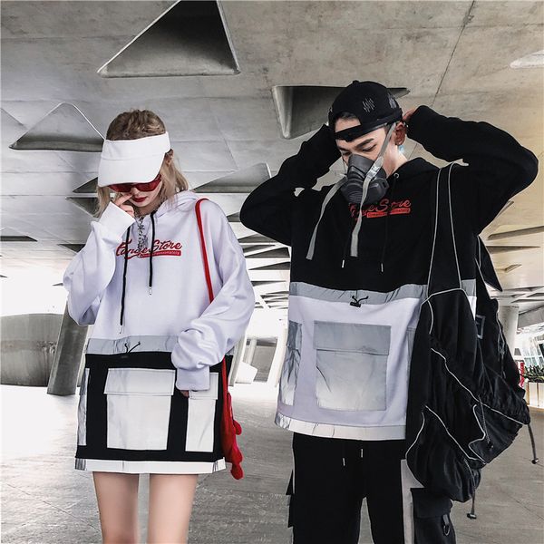 

autumn 2019 new hooded splice reflective pocket men casual hoodie, Black