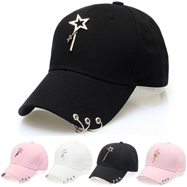 

korean version of solid color men and women personality hats iron ring pendant three ring caps couple outdoor leisure baseball, Blue;gray