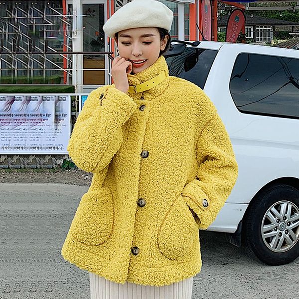 

solid lamb woolen blends jackets women winter warm single-breasted plus size coats female korean loose thicken wool outerwears, Black