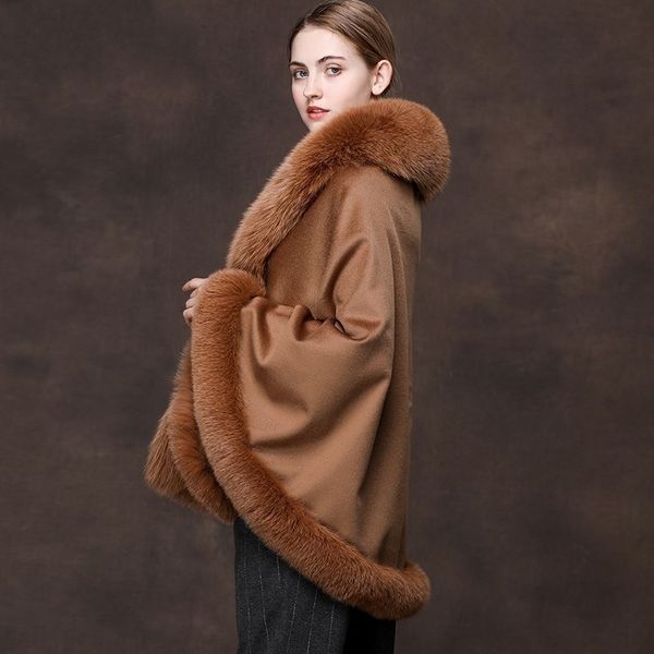 

winter women's clothes real wool shawls luxury fur collar sheep fur capes ladies party wraps new fashion warm coats female, Black