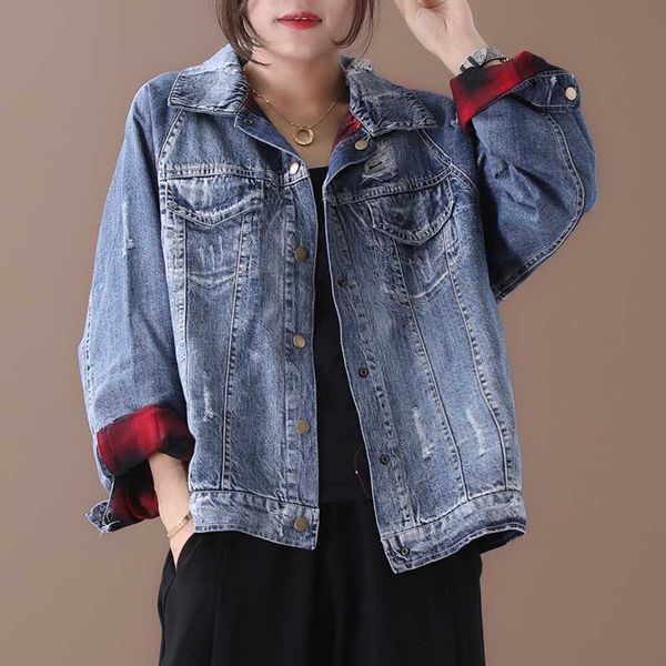 

women's blouses & shirts [ewq] 2021 spring pattern full sleeve loose lattice turning vintage frayed covered button denim coat femals ja, White