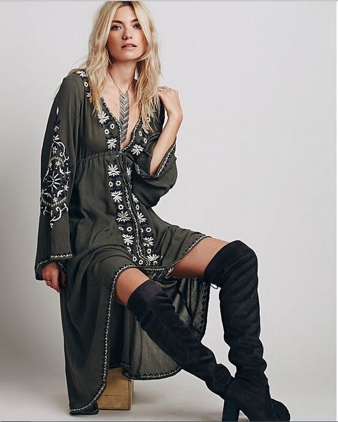 

women vintage ethnic flower embroidered cotton tunic casual long dress hippie boho people asymmetric high low to quality, Black;gray