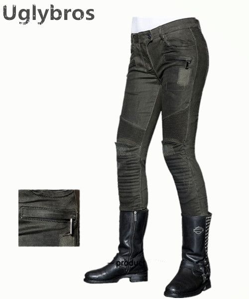 

uglybros motorpool ubs012 jeans gun green motorcycle pants women's moto pants motorcycle protective jeans size: 25 26 27