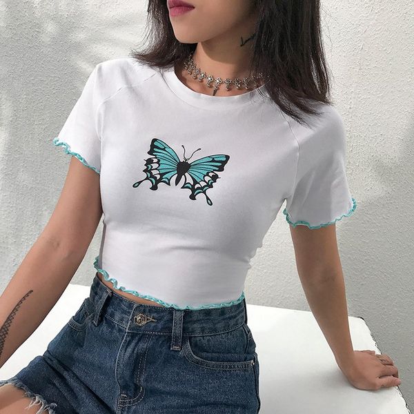 

women butterfly print t shirt harajuku ruffle short sleeve crop streetwear o neck tee, White