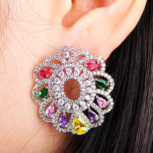 

fashion-e luxury hollow silver color stud earrings for women girls mix color cubic zirconia flower brincos wedding party jewelry, Golden;silver