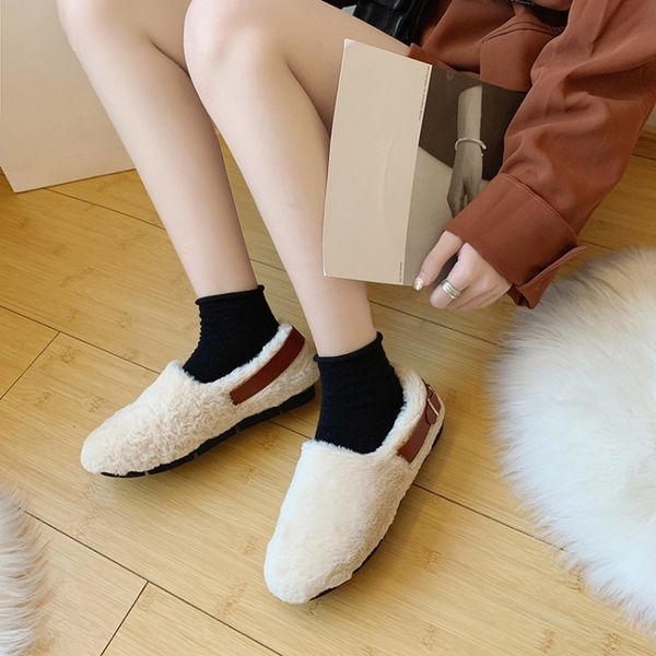 

women belt buckle loafers plush furry casual comfortable female lazy a pedal peas cotton shoes zapatos de mujer de moda k17-21, Black