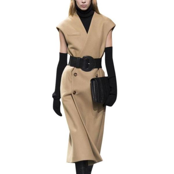 

осень и зима новых женщин долго рукава v-образный вырез шерсть тонкого двубортный шерстяное пальто женщина, Black