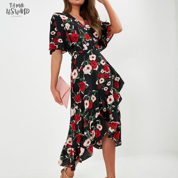 

2020 women floral print chiffon beach dress slit v neck wrap party long dress vintage ruffles casual summer dress, Black;gray