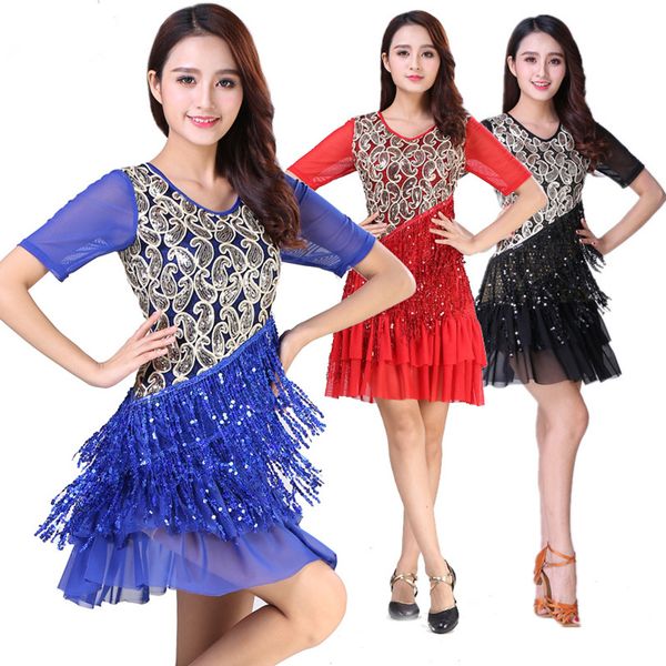 

sequins tassel latin dress women dance competition dresses square stage performance costumes latin dance clothes, Black;red