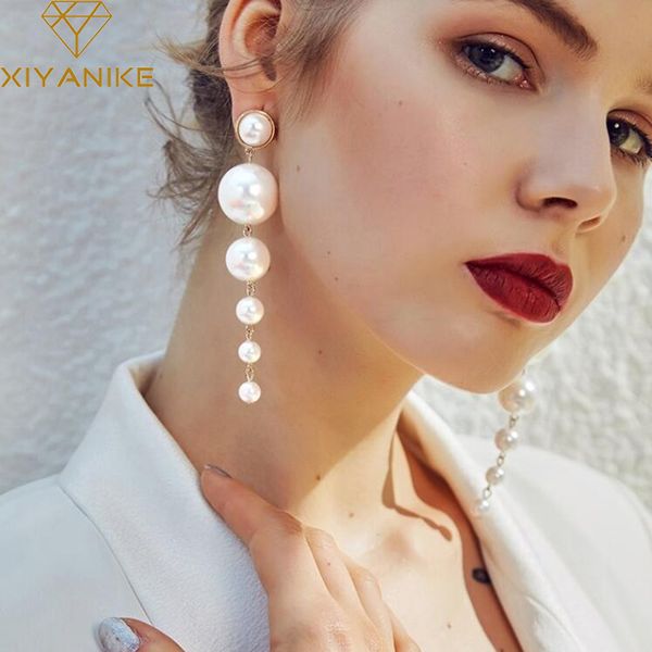 

xiyanike fashion trendy elegant big simulated pearl long earrings pearls string statement dangle earrings for wedding party e304, Silver