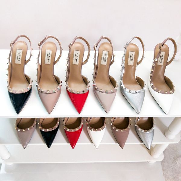 

rivet women pumps lady pointed toe high heels shoes genuine leather fashion buckle studded stiletto women summer sandal, Black