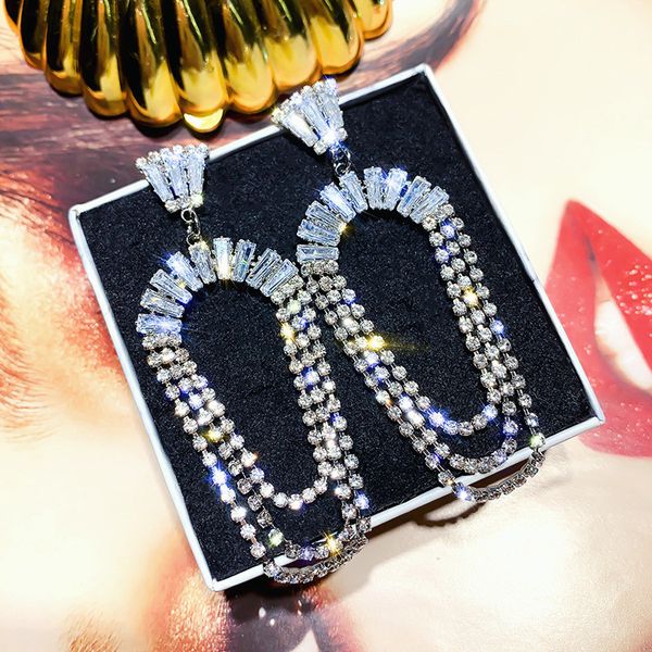 

fyuan fashion long tassel crystal earrings for women 2019 bijoux rose gold rhinestone dangle earrings statement jewelry gifts, Silver