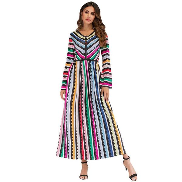 

muslim dress women loose bell long sleeve arab dress islam jilbab casual striped round neck color bell sleeve women arab, Red